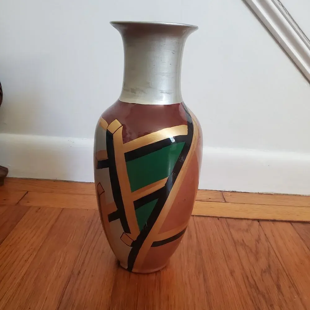 Metallic Color Hand Painted Abstract Geometric Design Vase